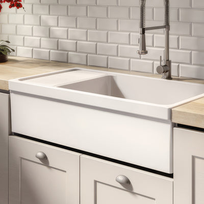 36" large reversible single bowl fireclay kitchen sink: integral drain board, 2½” lip front apron