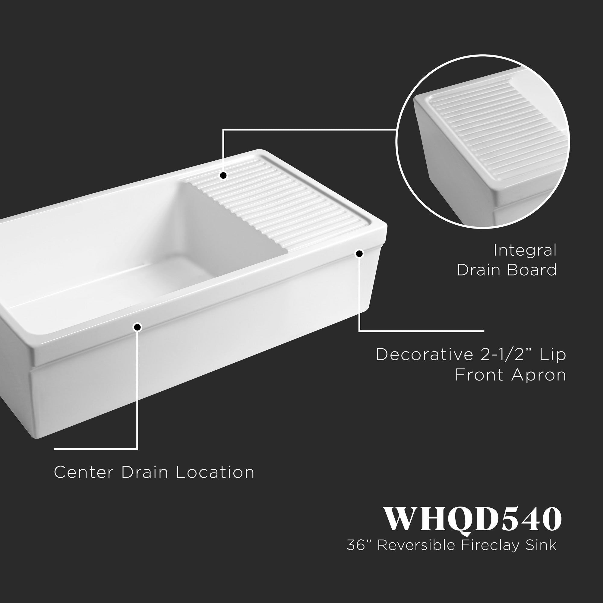 Large reversible single bowl fireclay kitchen sink: integral drain board, 2½” lip front apron