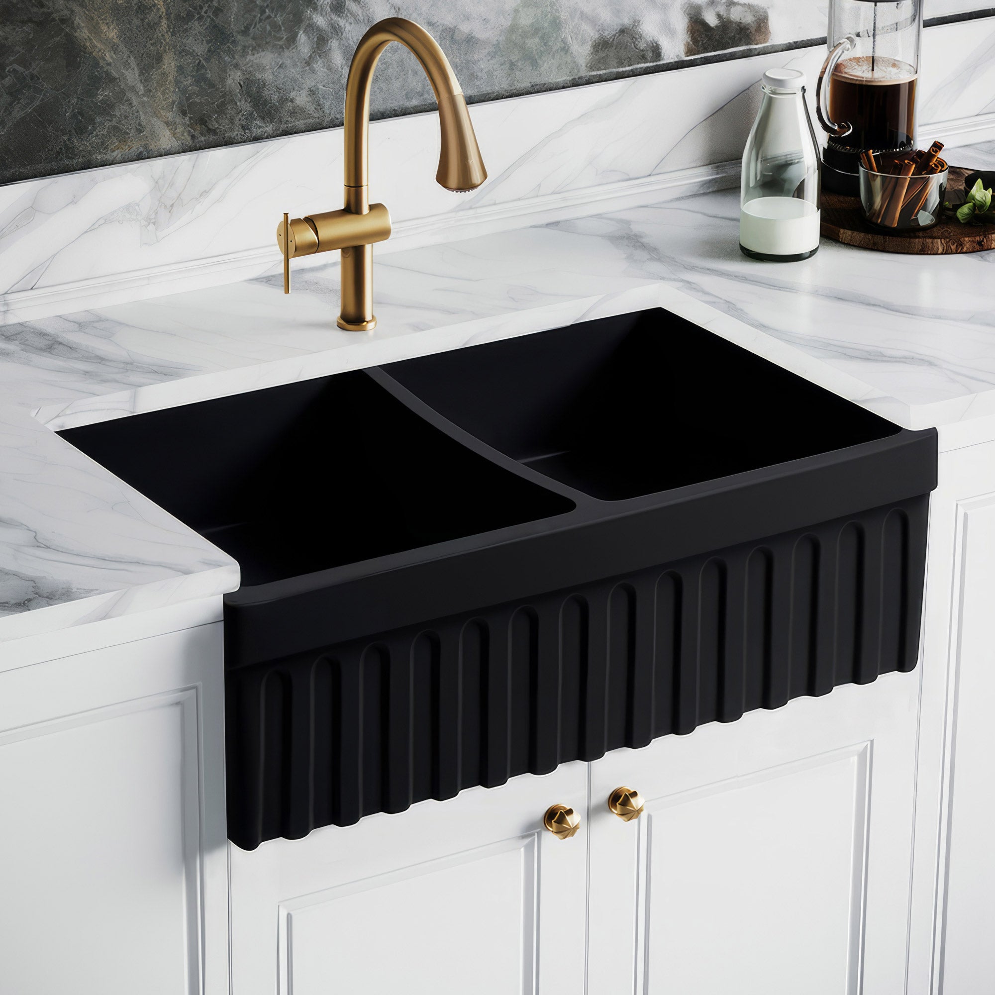 33" reversible double bowl fireclay kitchen sink: 2½” lip and fluted, 2” lip front apron