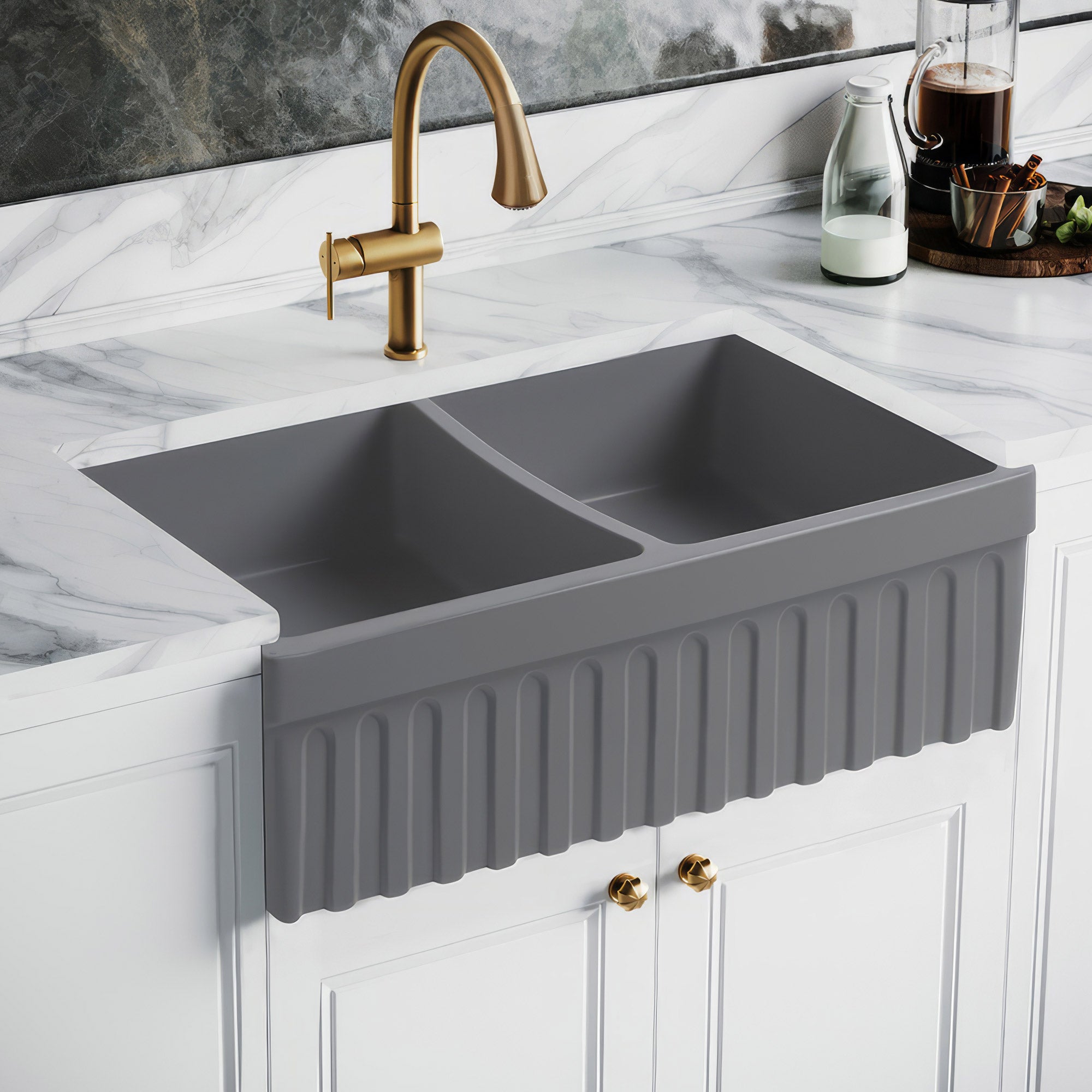 33" reversible double bowl fireclay kitchen sink: 2½” lip and fluted, 2” lip front apron