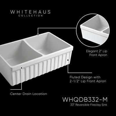 33" reversible double bowl fireclay kitchen sink: 2½” lip and fluted, 2” lip front apron