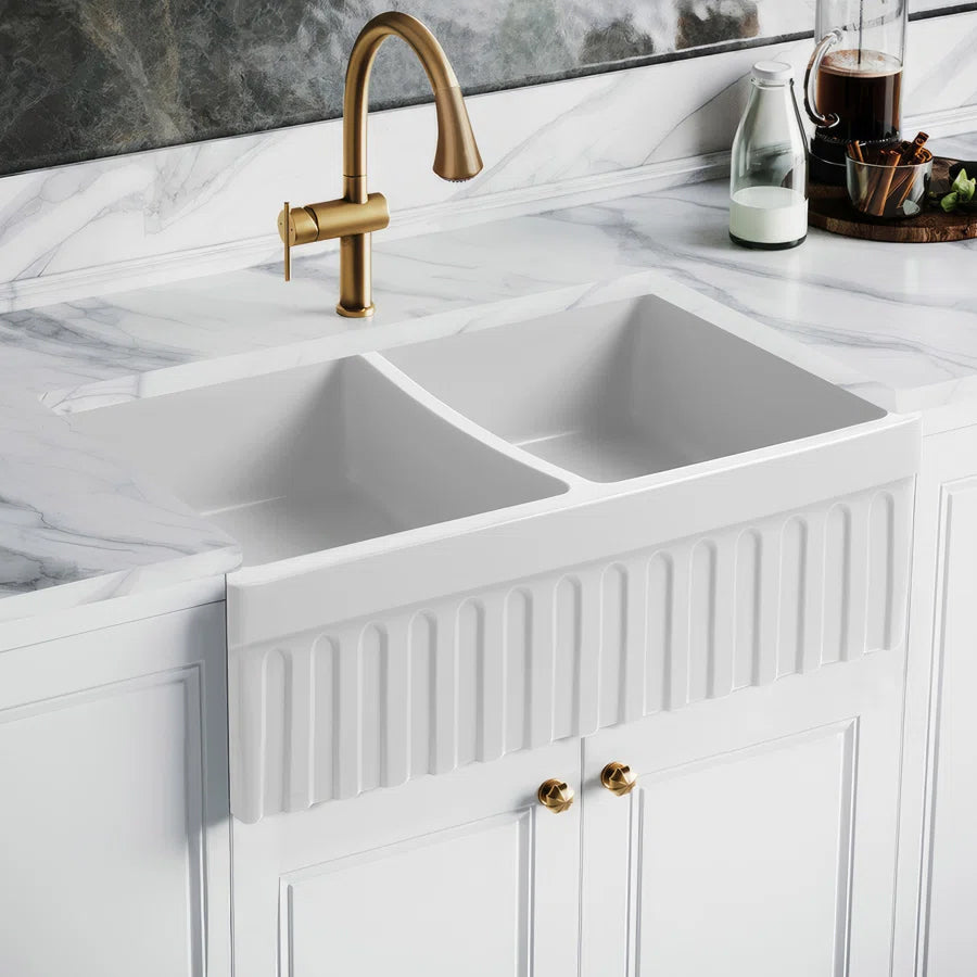 33" reversible double bowl fireclay kitchen sink: 2½” lip and fluted, 2” lip front apron