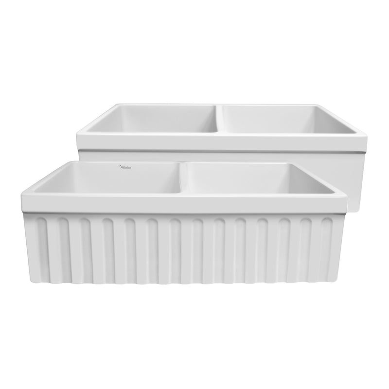 33" reversible double bowl fireclay kitchen sink: 2½” lip and fluted, 2” lip front apron