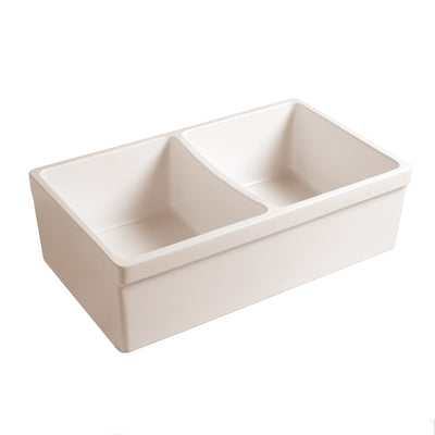 33" reversible double bowl fireclay kitchen sink: 2½” lip, 2” lip front apron