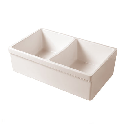 33" reversible double bowl fireclay kitchen sink: 2½” lip, 2” lip front apron