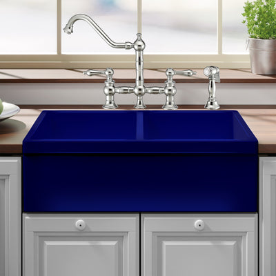 33" reversible double bowl fireclay kitchen sink: 2½” lip, 2” lip front apron