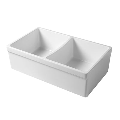 33" reversible double bowl fireclay kitchen sink: 2½” lip, 2” lip front apron