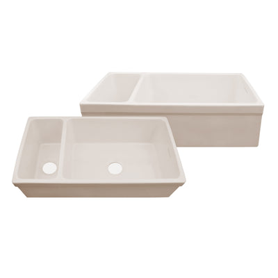 36" Reversible Large and Small Bowl Fireclay Kitchen Sink: 2½” lip Front Apron