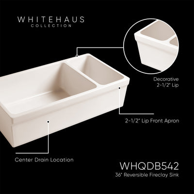 36" Reversible Large and Small Bowl Fireclay Kitchen Sink: 2½” lip Front Apron