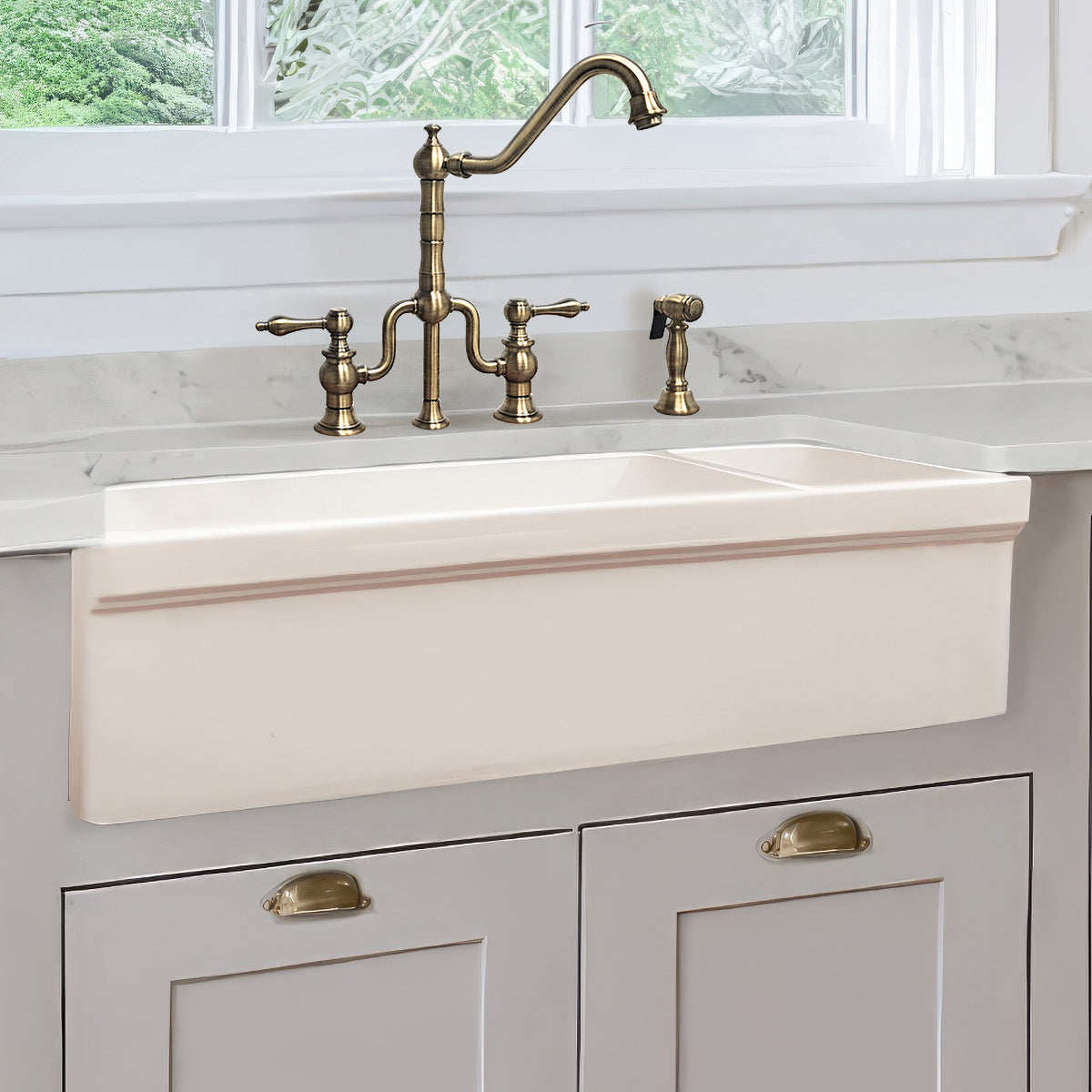 36" Reversible Large and Small Bowl Fireclay Kitchen Sink: 2½” lip Front Apron