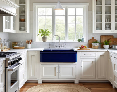 36" Reversible Large and Small Bowl Fireclay Kitchen Sink: 2½” lip Front Apron