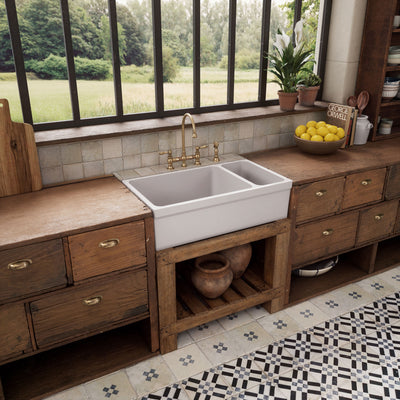 36" Reversible Large and Small Bowl Fireclay Kitchen Sink: 2½” lip Front Apron