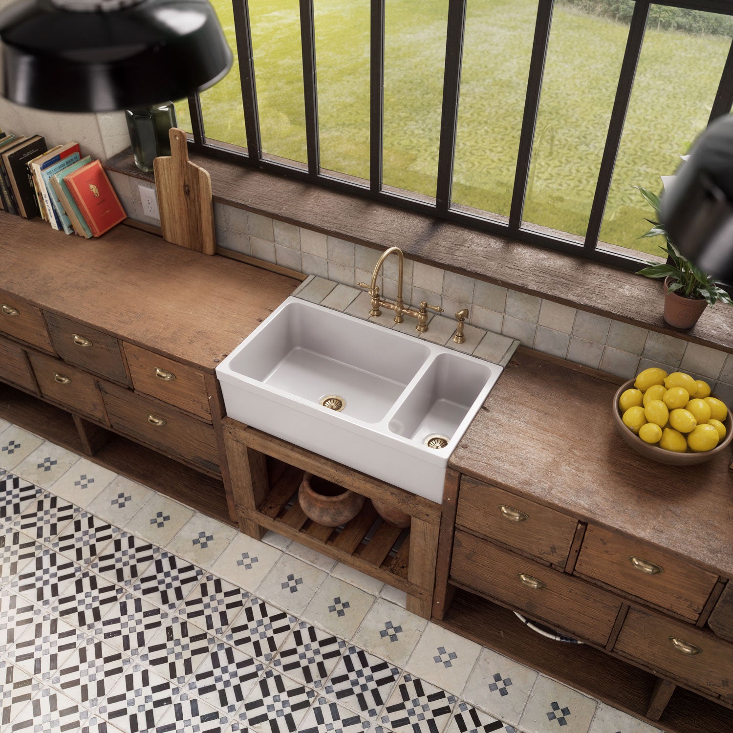 36" Reversible Large and Small Bowl Fireclay Kitchen Sink: 2½” lip Front Apron