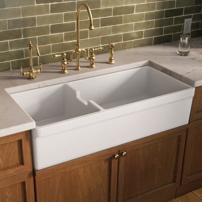 42" large reversible double bowl fireclay kitchen sink: beveled, 2½" front apron