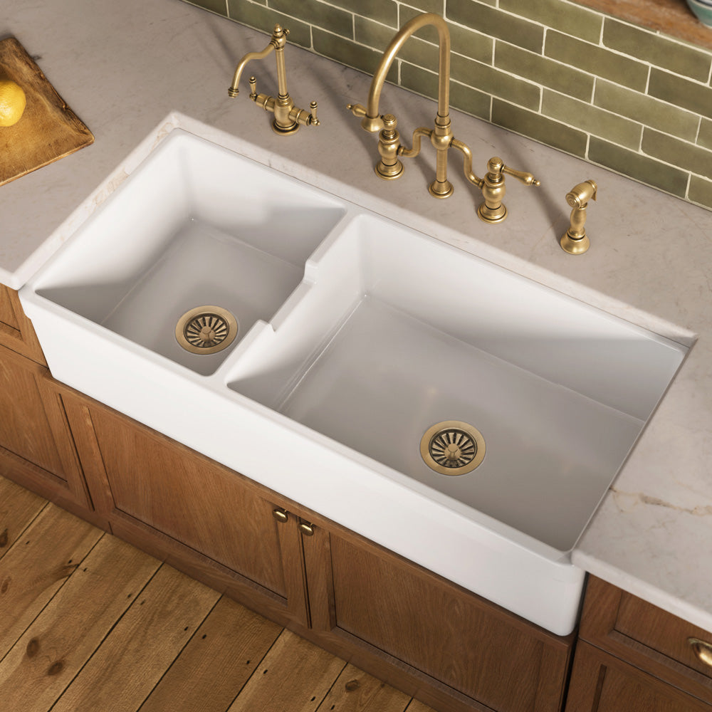 42" large reversible double bowl fireclay kitchen sink: beveled, 2½" front apron