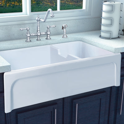 42" large reversible double bowl fireclay kitchen sink: beveled, 2" lip front apron