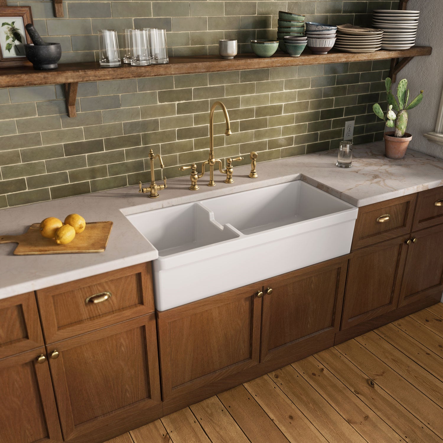 42" large reversible double bowl fireclay kitchen sink: beveled, 2½" front apron
