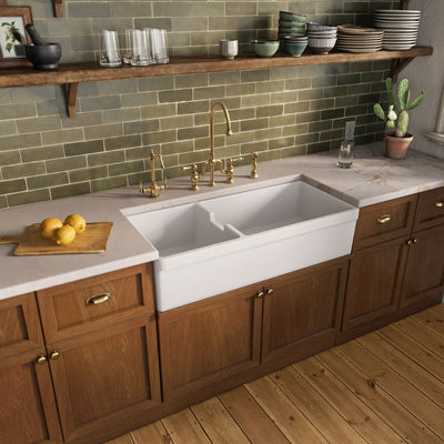 42" large reversible double bowl fireclay kitchen sink: beveled, 2½" front apron