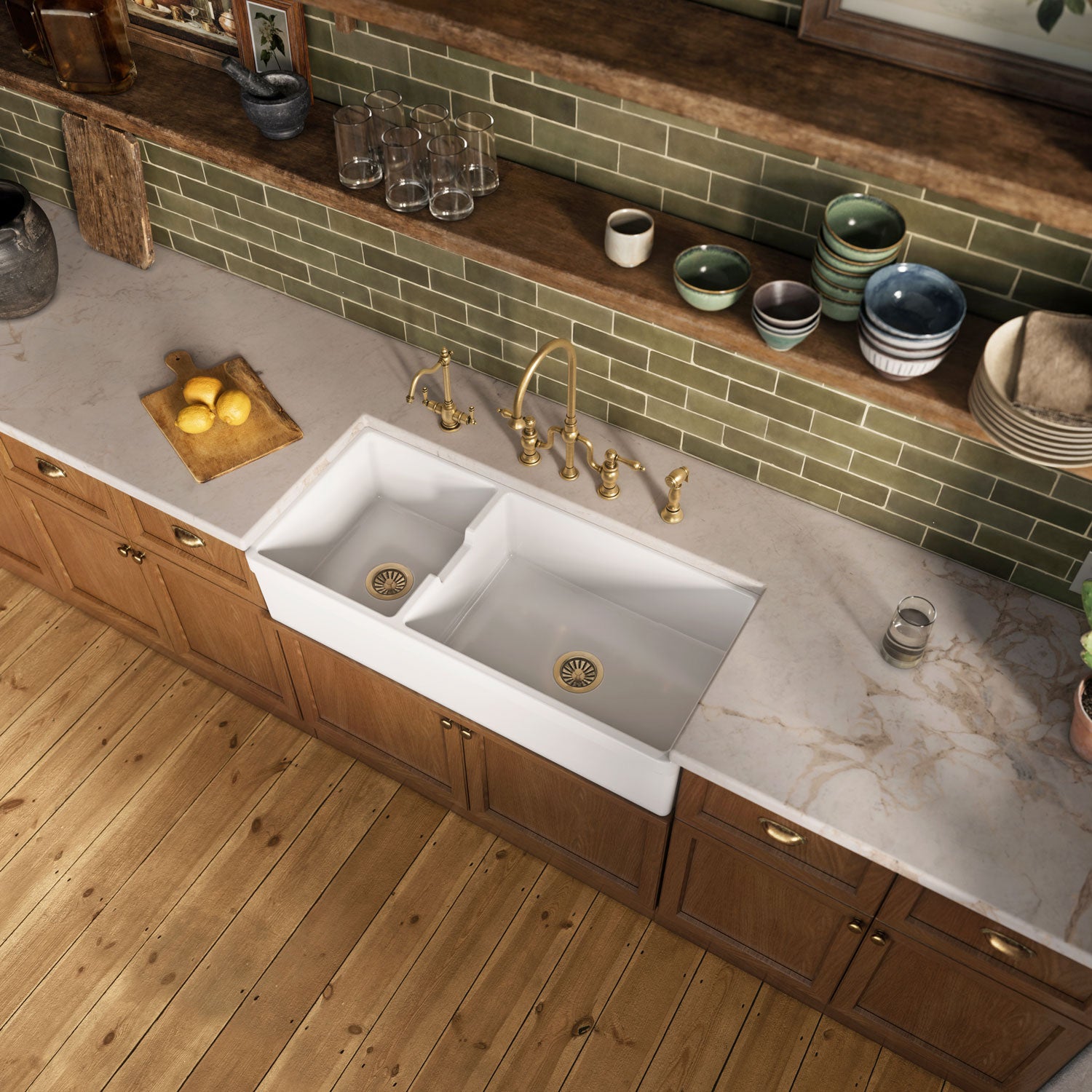 42" large reversible double bowl fireclay kitchen sink: beveled, 2½" front apron