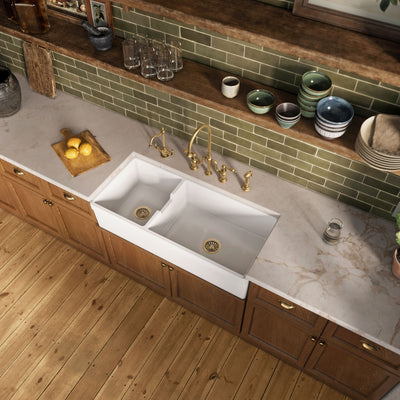 42" large reversible double bowl fireclay kitchen sink: beveled, 2½" front apron