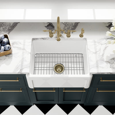 Reversible Fireclay Kitchen Sinks With Grid: Three Edge Frame, Plain Front Apron