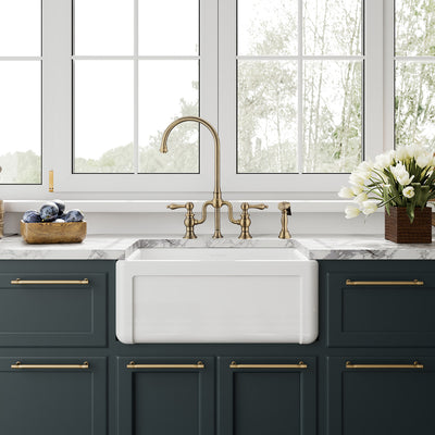 Reversible Fireclay Kitchen Sinks With Grid: Three Edge Frame, Plain Front Apron