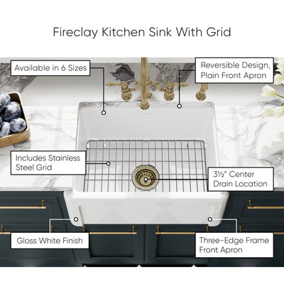 Reversible Fireclay Kitchen Sinks With Grid: Three Edge Frame, Plain Front Apron