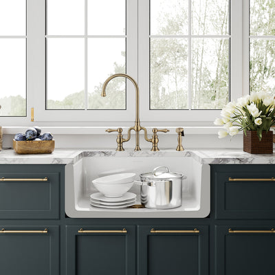 Reversible Fireclay Kitchen Sinks With Grid: Three Edge Frame, Plain Front Apron