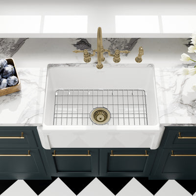 Reversible Fireclay Kitchen Sinks With Grid: Three Edge Frame, Plain Front Apron