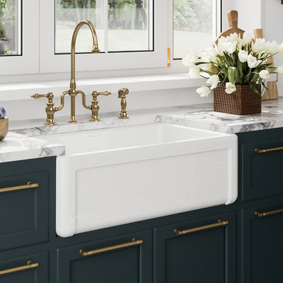 Reversible Fireclay Kitchen Sinks With Grid: Three Edge Frame, Plain Front Apron