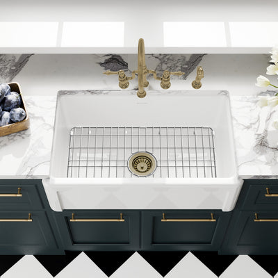 Reversible Fireclay Kitchen Sinks With Grid: Three Edge Frame, Plain Front Apron