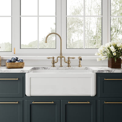 Reversible Fireclay Kitchen Sinks With Grid: Three Edge Frame, Plain Front Apron