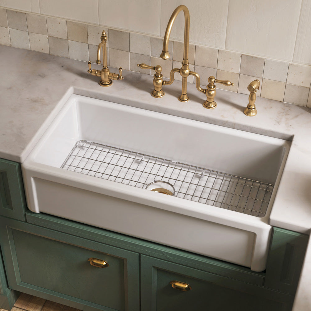 Reversible fireclay kitchen sinks with grid: three edge frame, plain front apron