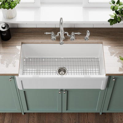 Reversible Fireclay Kitchen Sinks With Grid: Three Edge Frame, Plain Front Apron (Coming Soon)