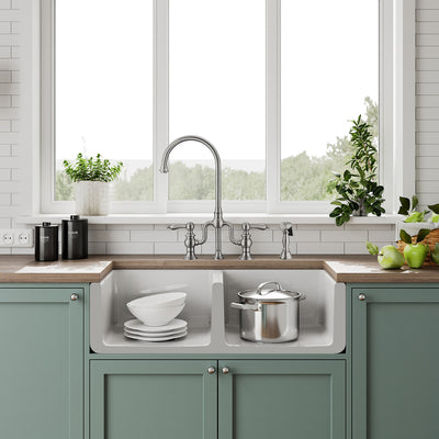 Reversible Fireclay Kitchen Sinks With Grid: Three Edge Frame, Plain Front Apron