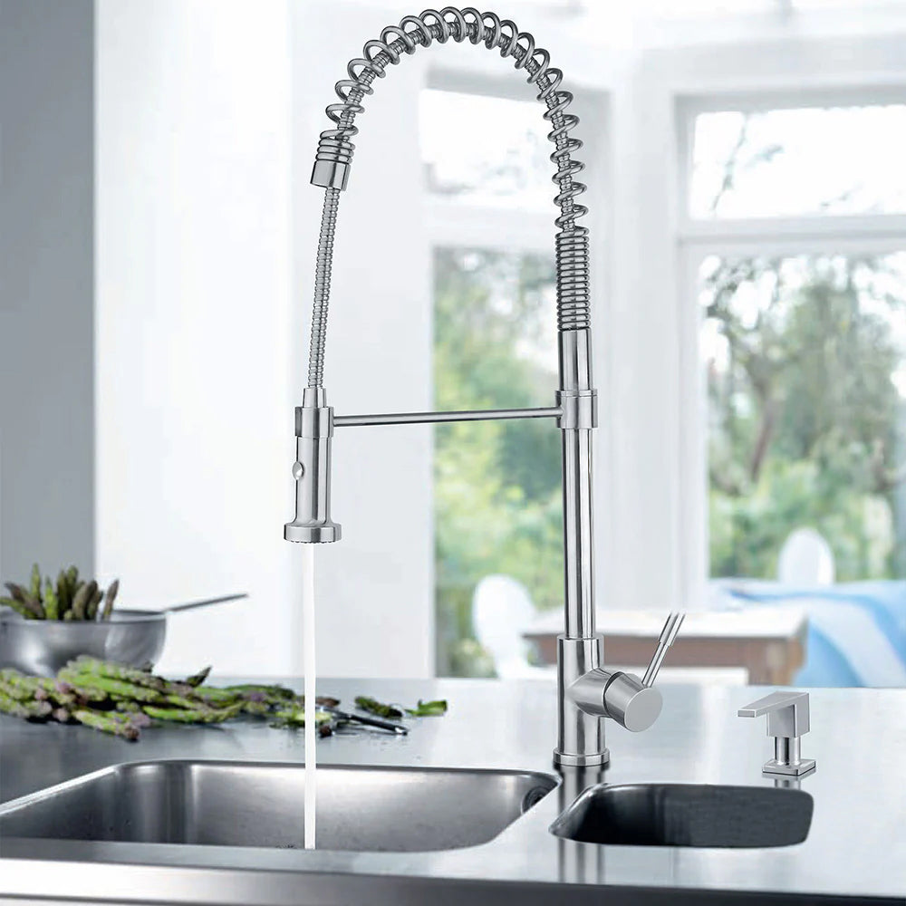 Lead Free, Solid Stainless Steel Commerical Single-Hole Faucet with Flexible Pull Down Spray Head, Swivel Spout Support Bar and Solid Lever Handle