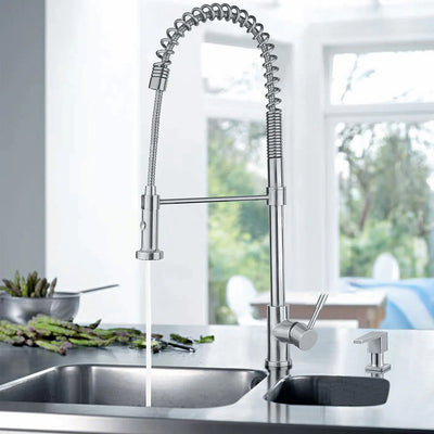 Lead Free, Solid Stainless Steel Commerical Single-Hole Faucet with Flexible Pull Down Spray Head, Swivel Spout Support Bar and Solid Lever Handle
