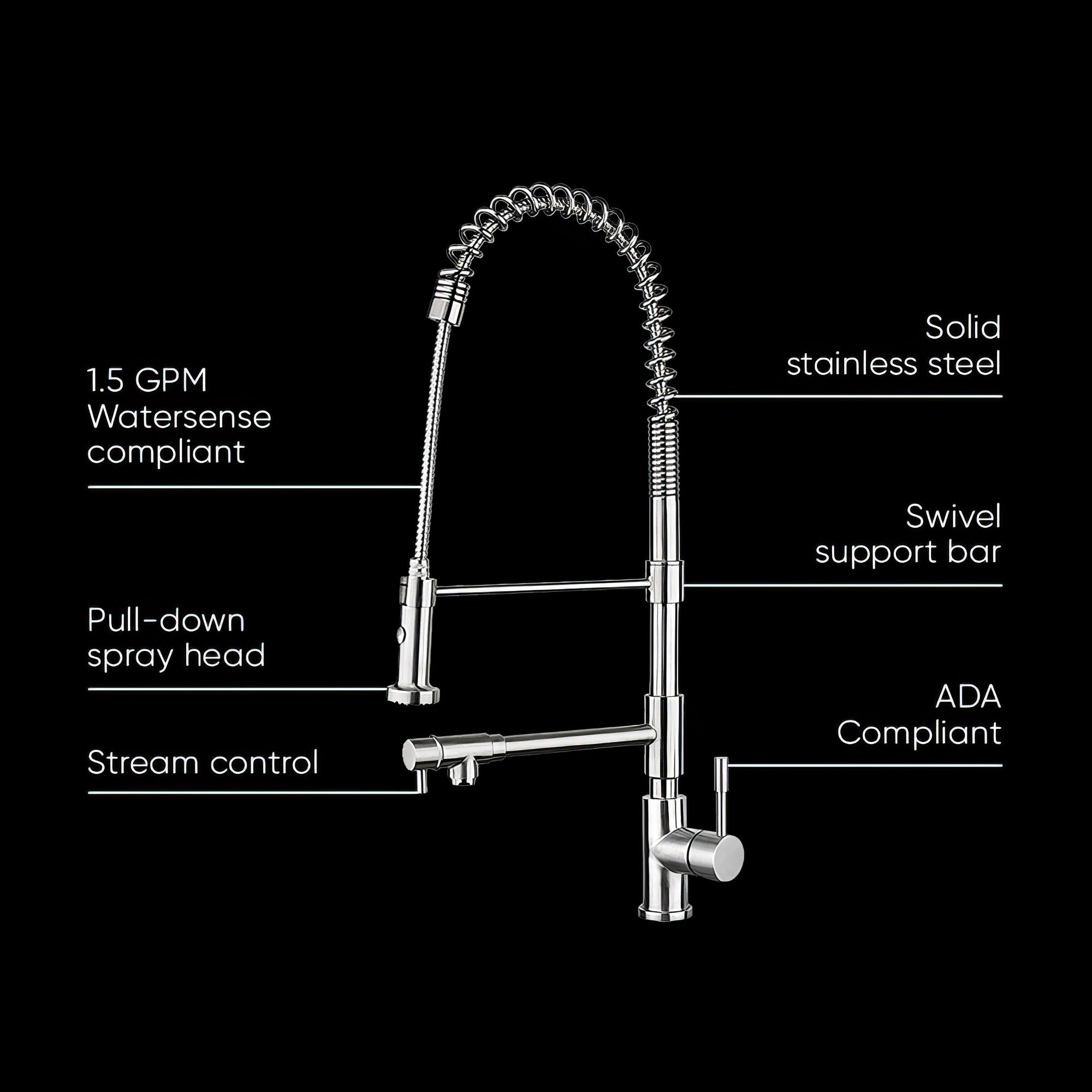 Lead Free, Solid Stainless Steel Commerical Faucet with Flexible Pull Down Spray Head, Swivel Support Bar & Two Control Levers