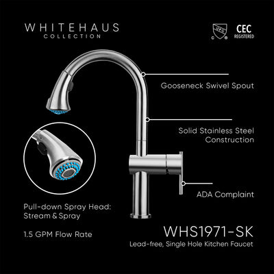 Lead Free, Solid Stainless Steel Single-Hole Faucet with Gooseneck Swivel Spout and Pull Down Spray Head