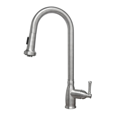 Lead-free solid stainless steel single hole faucet with gooseneck swivel spout, pull-down spray head and solid lever handle