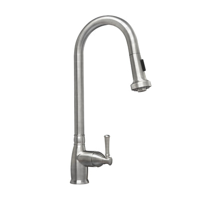 Lead-free solid stainless steel single hole faucet with gooseneck swivel spout, pull-down spray head and solid lever handle