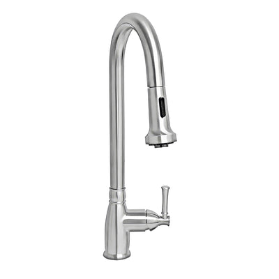 Lead-free solid stainless steel single hole faucet with gooseneck swivel spout, pull-down spray head and solid lever handle