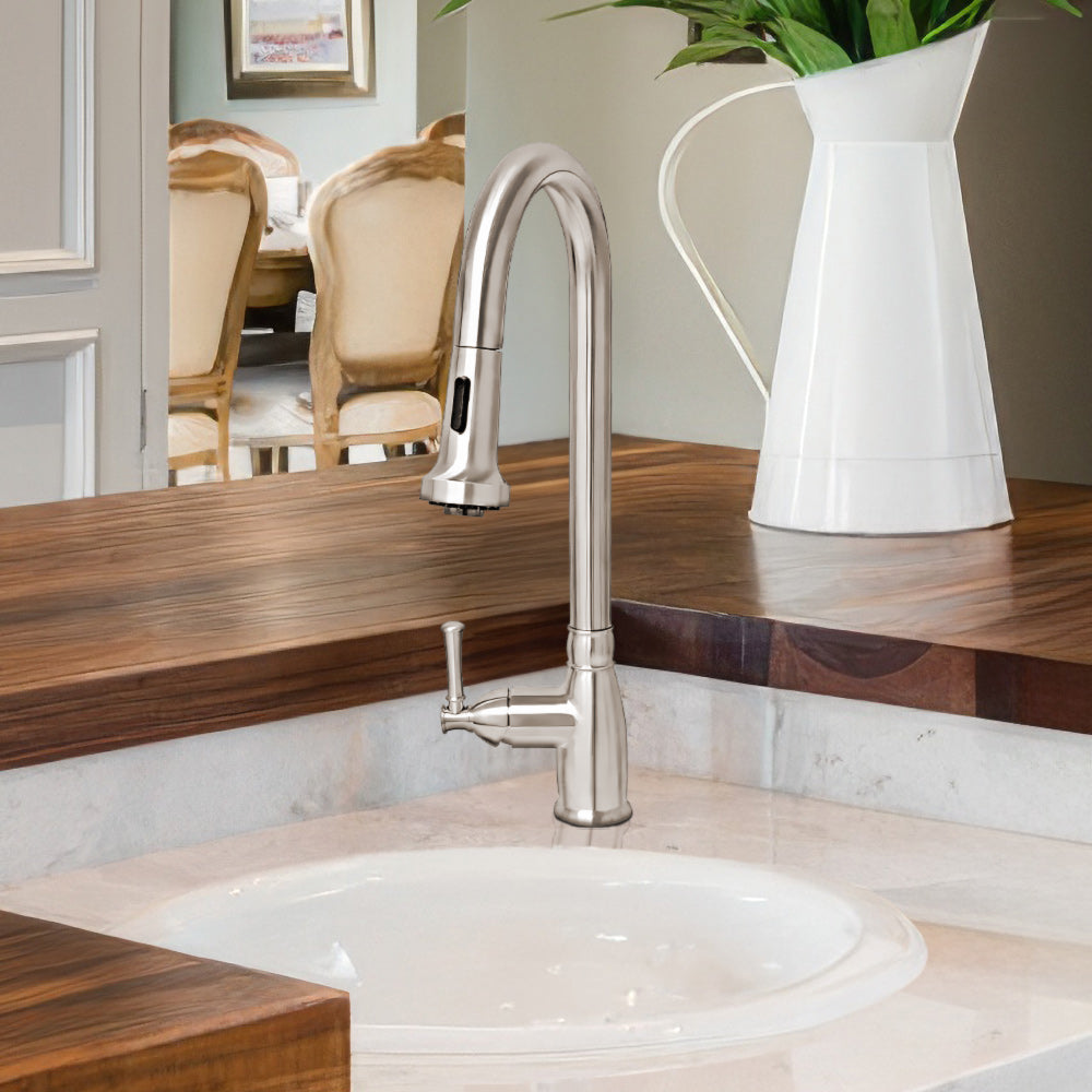 Lead-free solid stainless steel single hole faucet with gooseneck swivel spout, pull-down spray head and solid lever handle