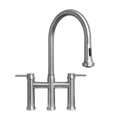 Lead-free solid stainless steel bridge faucet with a gooseneck swivel spout and pull-down spray head