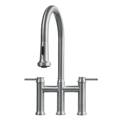 Lead-free solid stainless steel bridge faucet with a gooseneck swivel spout and pull-down spray head