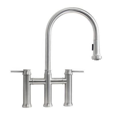Lead-free solid stainless steel bridge faucet with a gooseneck swivel spout and pull-down spray head