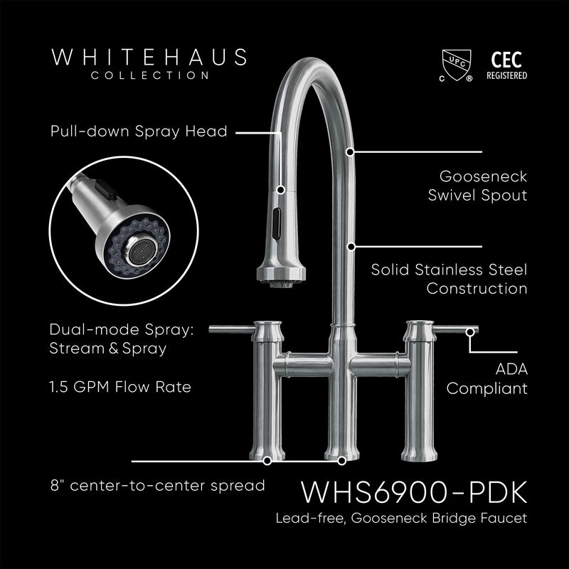 Lead-free solid stainless steel bridge faucet with a gooseneck swivel spout and pull-down spray head