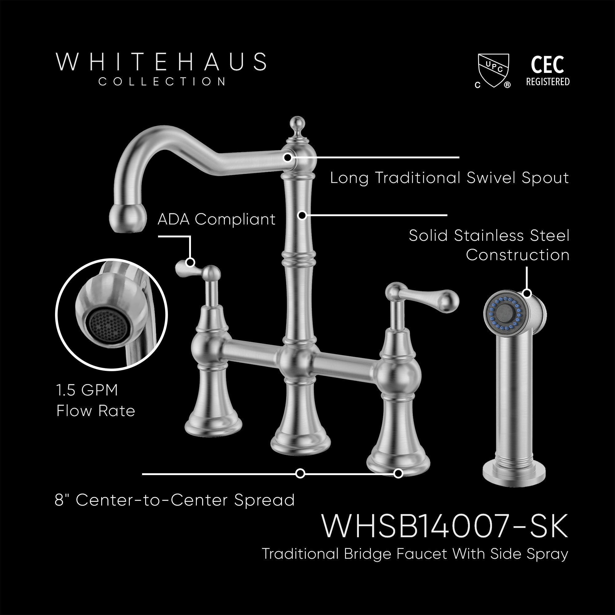 Lead-Free Solid Stainless Steel Bridge Faucet with a Traditional Spout, Lever Handles and Side Spray