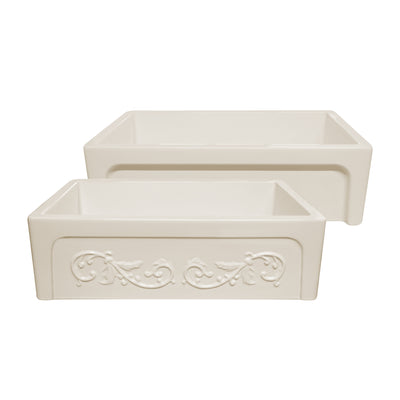 33" reversible single bowl fireclay kitchen sink: Roman vine, beveled front apron