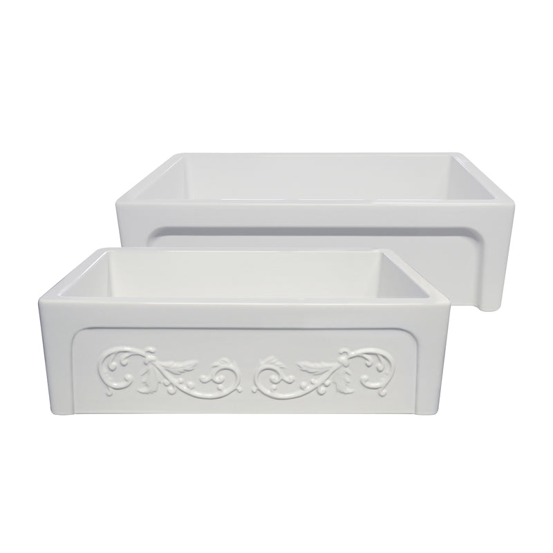 33" reversible single bowl fireclay kitchen sink: Roman vine, beveled front apron